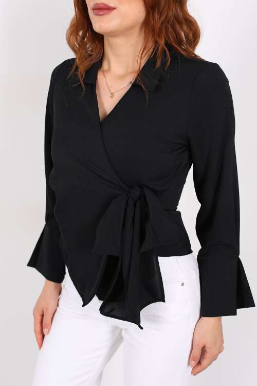 Kruvaze Bağlama Detaylı Siyah Kadın Saten Gömlek - Berox (1)