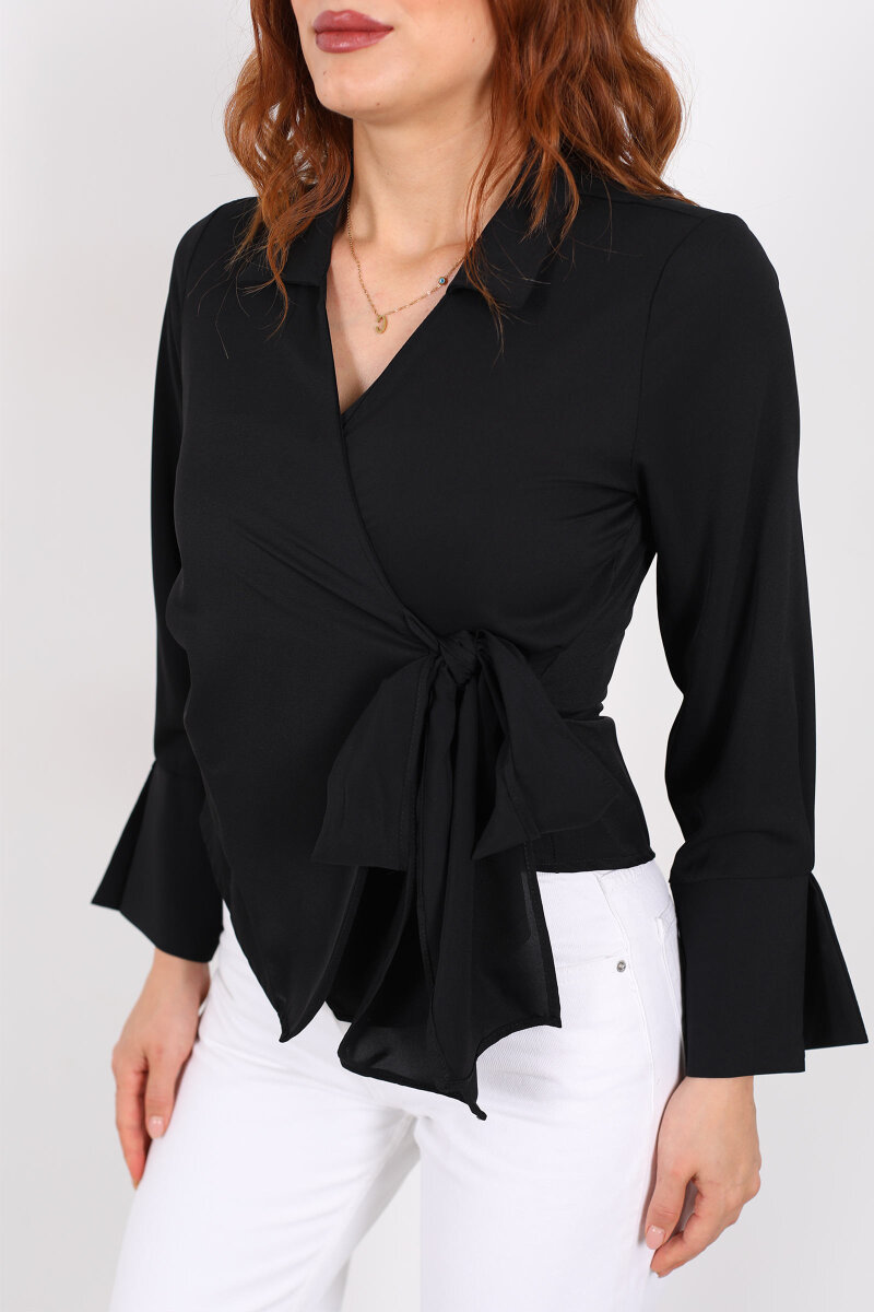 Kruvaze Bağlama Detaylı Siyah Kadın Saten Gömlek - 2