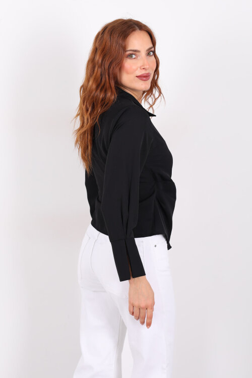 Kruvaze Bağlama Detaylı Siyah Kadın Saten Gömlek - 6