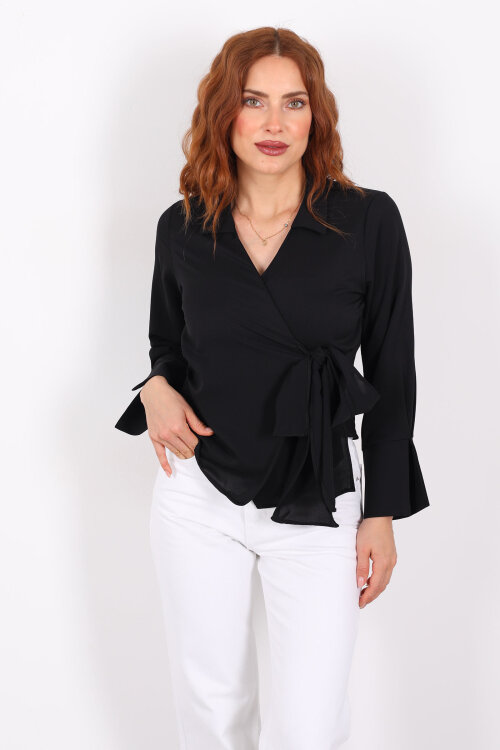 Kruvaze Bağlama Detaylı Siyah Kadın Saten Gömlek - 3