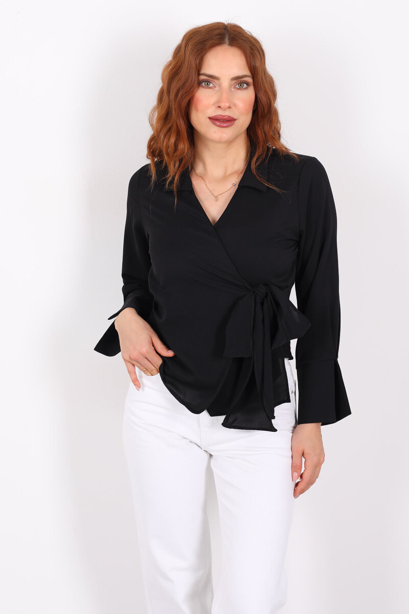Kruvaze Bağlama Detaylı Siyah Kadın Saten Gömlek - 3