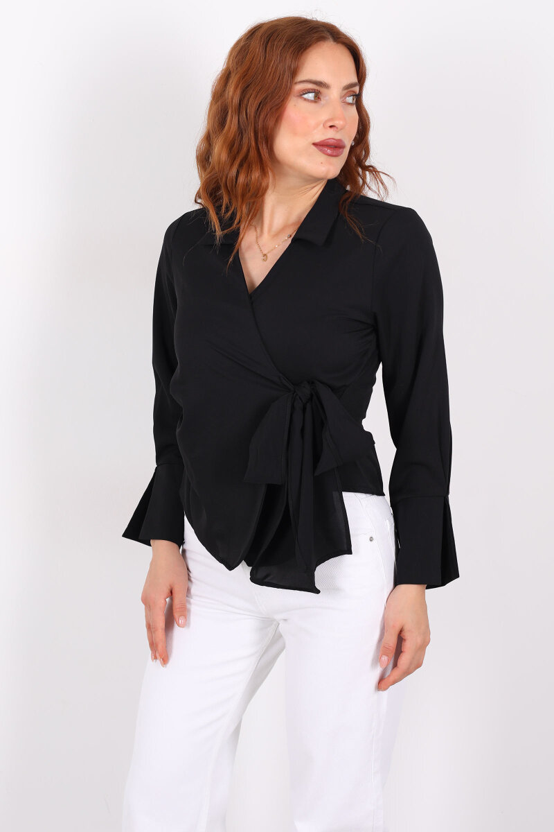 Kruvaze Bağlama Detaylı Siyah Kadın Saten Gömlek - 1