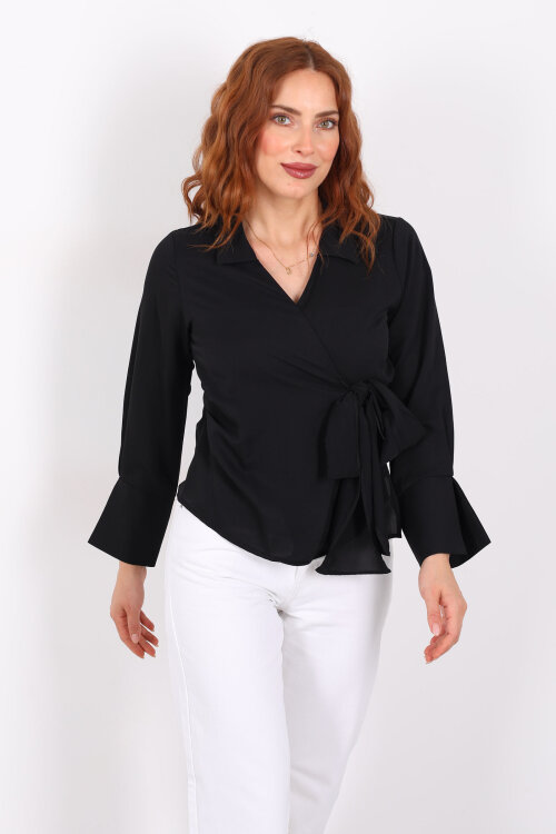 Kruvaze Bağlama Detaylı Siyah Kadın Saten Gömlek - 4