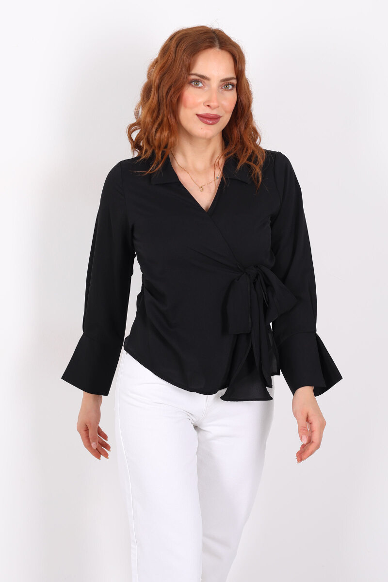 Kruvaze Bağlama Detaylı Siyah Kadın Saten Gömlek - 4