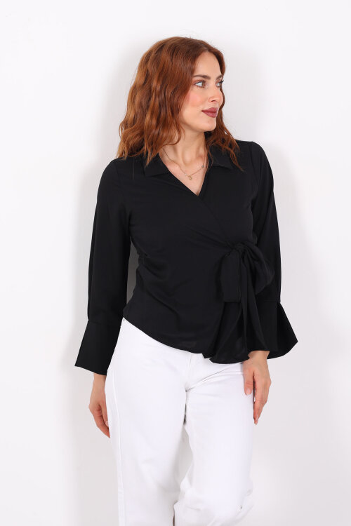 Kruvaze Bağlama Detaylı Siyah Kadın Saten Gömlek - 7