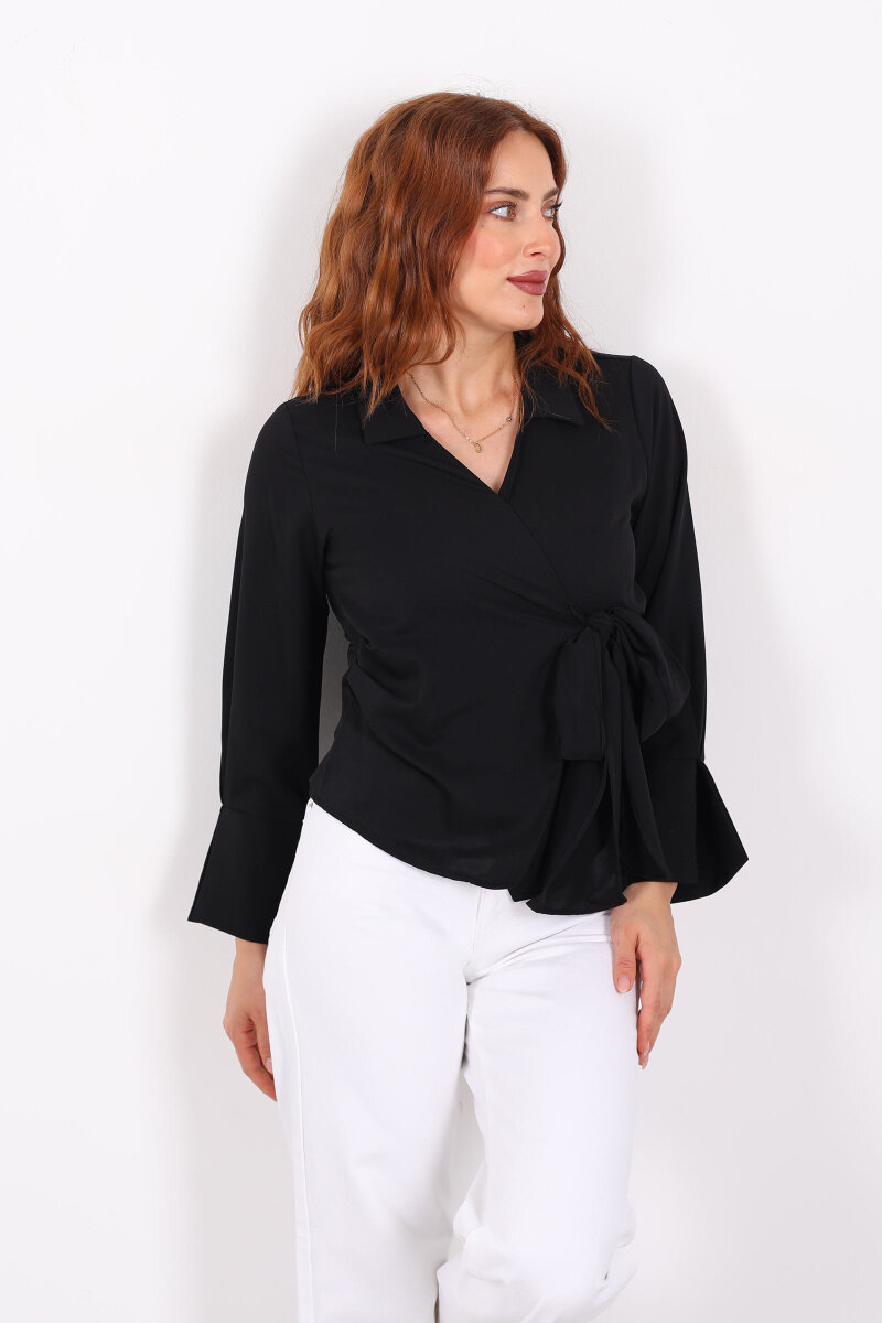 Kruvaze Bağlama Detaylı Siyah Kadın Saten Gömlek - 7