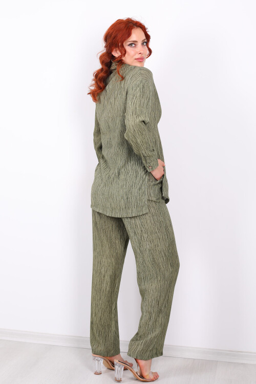 Kruvaze Bağlamalı Haki Kadın Gömlek - Pantolon Takım - 5