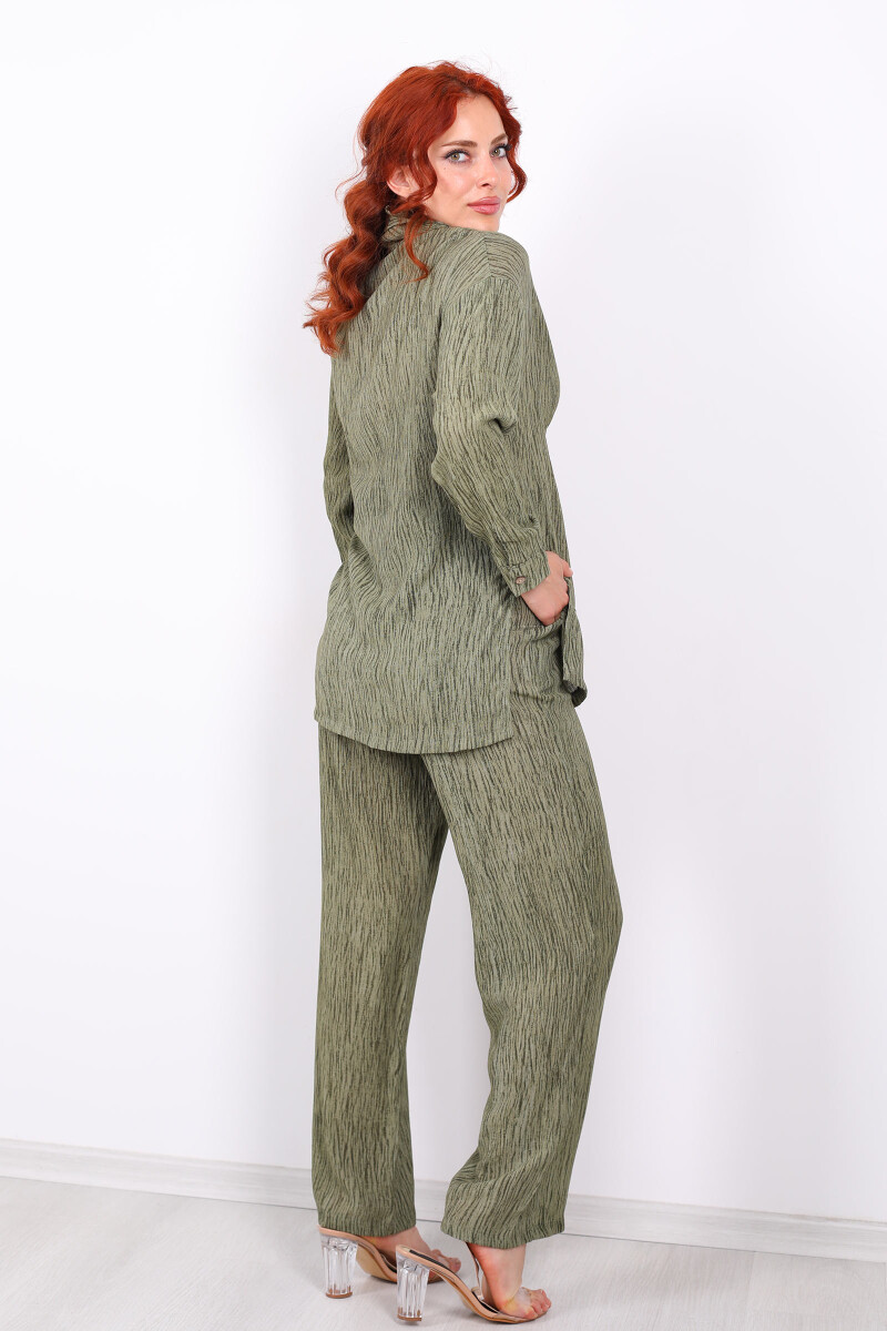 Kruvaze Bağlamalı Haki Kadın Gömlek - Pantolon Takım - 5