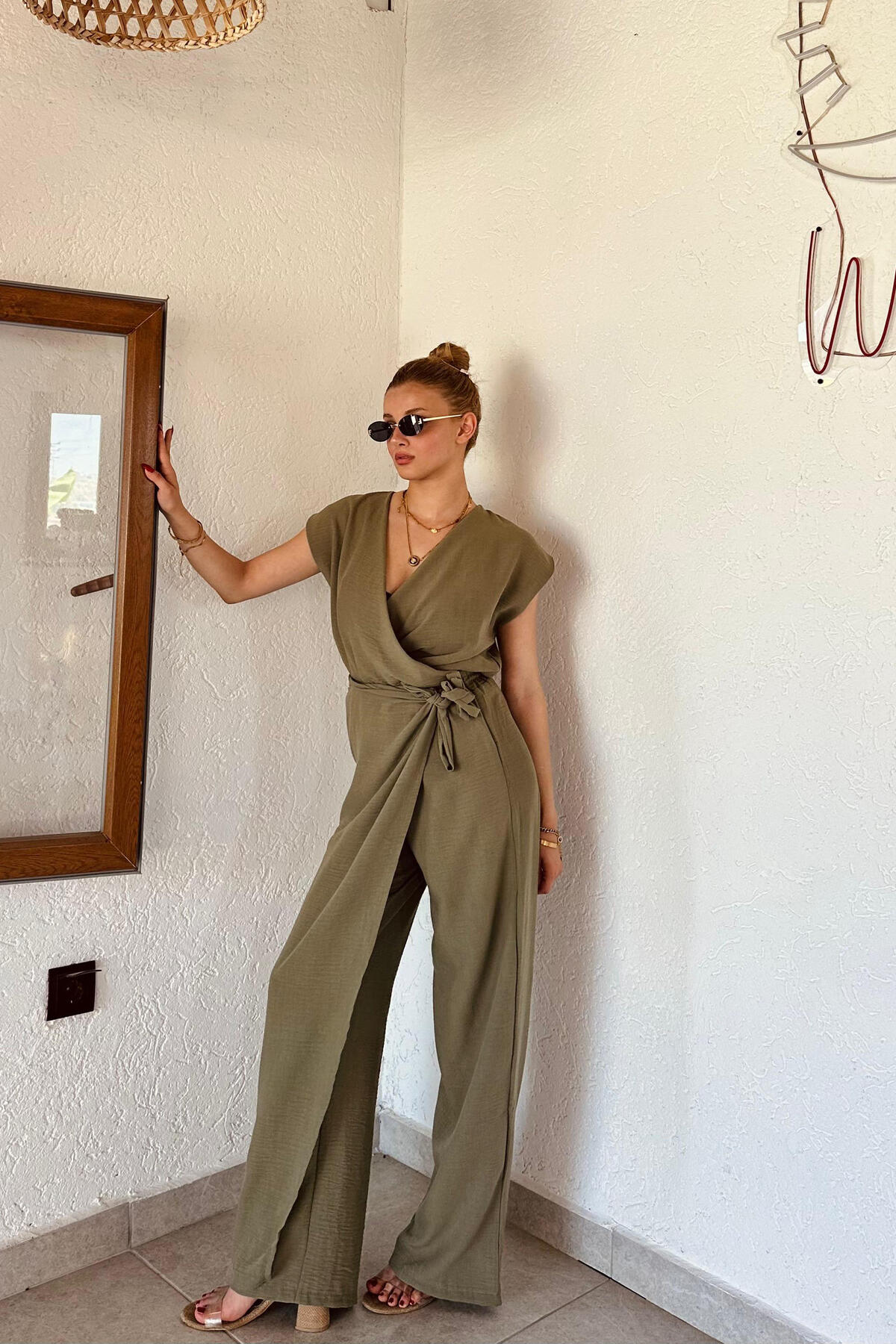 Kruvaze Model Bluz-pantolon Haki Kadın Keten Takım
