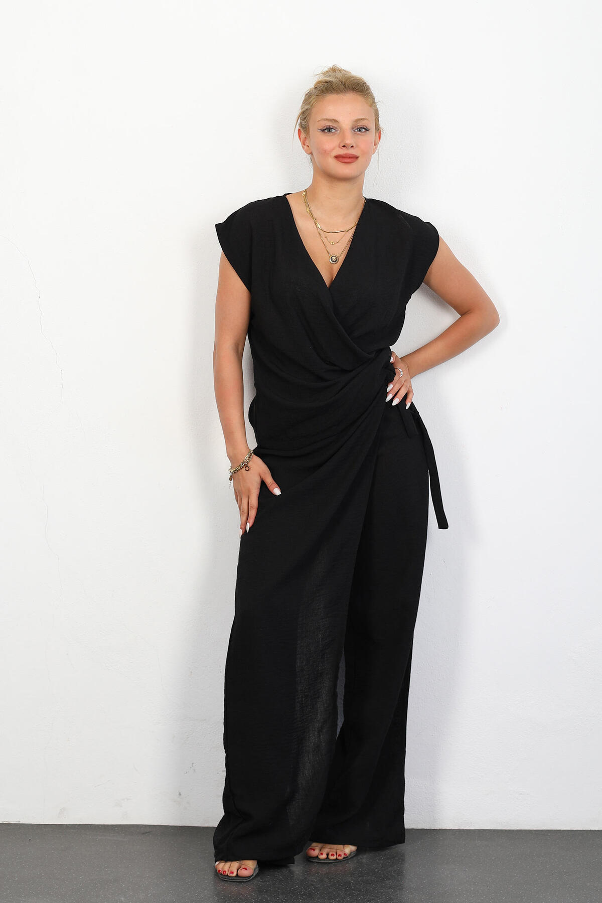 Kruvaze Model Bluz-pantolon Siyah Kadın Keten Takım