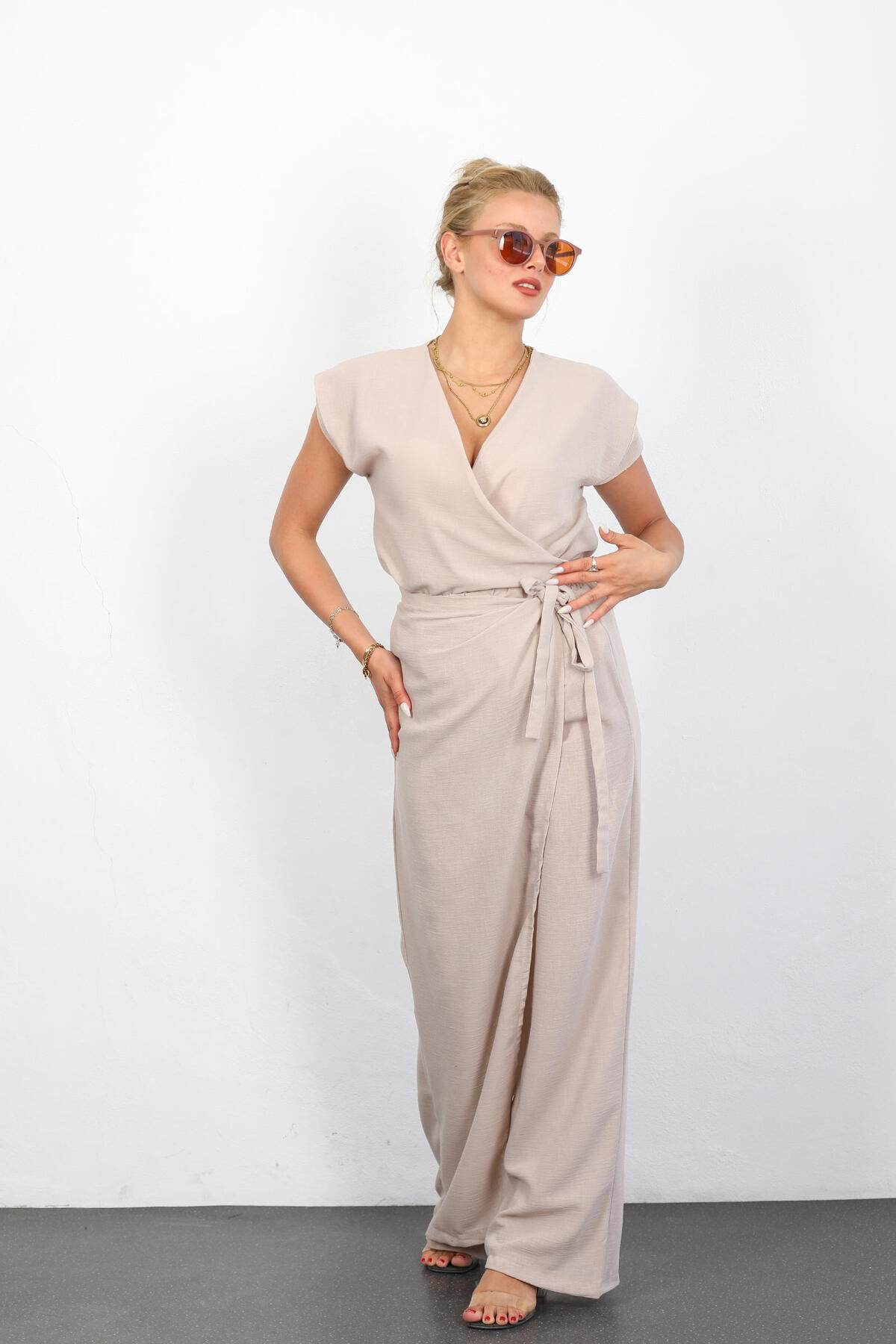 Kruvaze Model Bluz-pantolon Taş Rengi Kadın Keten Takım