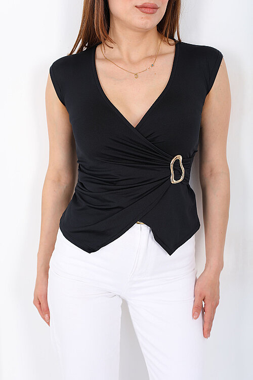 Kruvaze Yaka Aksesuarlı Kolsuz Siyah Kadın Bluz - Berox (1)