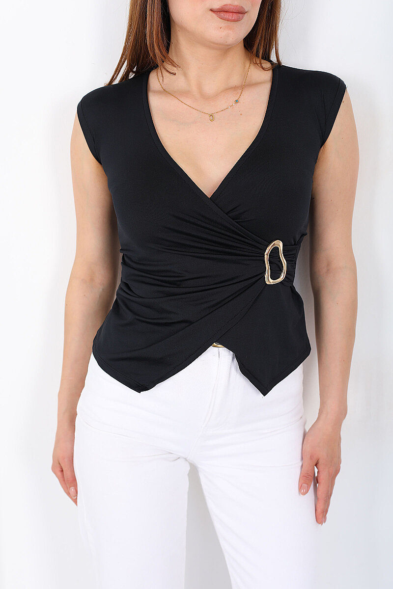 Kruvaze Yaka Aksesuarlı Kolsuz Siyah Kadın Bluz - 2