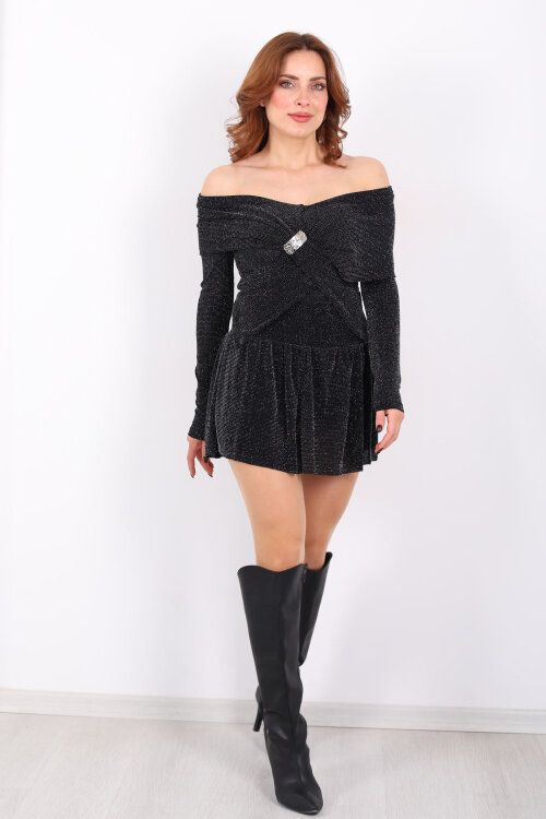 Kruvaze Yaka Aksesuarlı Siyah Kadın Simli Bluz - 5