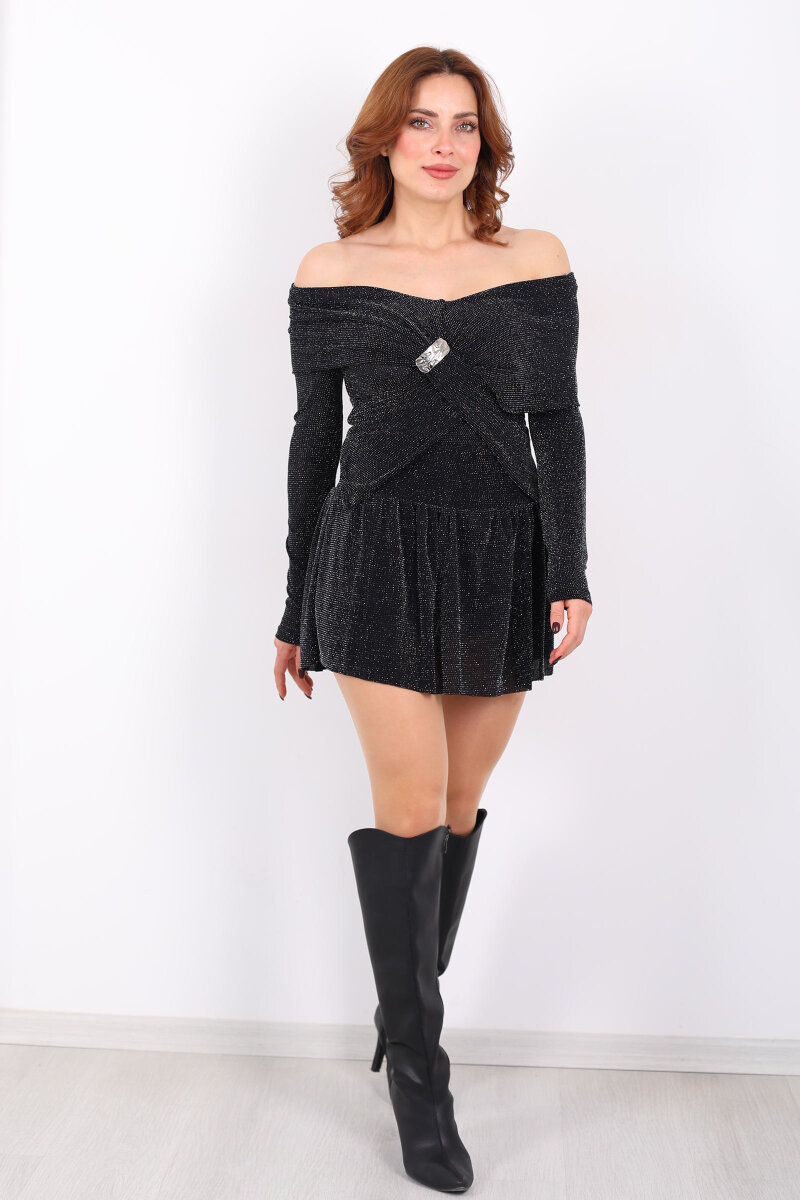 Kruvaze Yaka Aksesuarlı Siyah Kadın Simli Bluz - 5