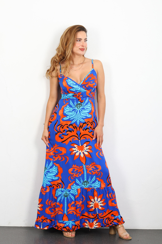 Kruvaze Yaka Belden Büzgülü Desenli Askılı Kadın Saks Mavisi Elbise - 1