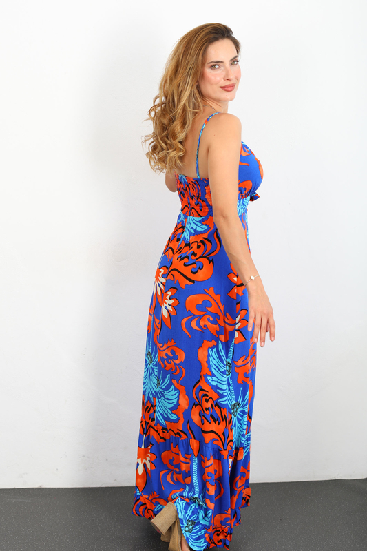 Kruvaze Yaka Belden Büzgülü Desenli Askılı Kadın Saks Mavisi Elbise - 7