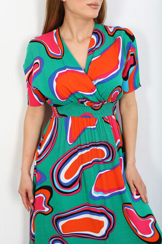 Kruvaze Yaka Beli Gipeli Kadın Yeşil Desenli Viskon Elbise - 3