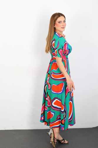 Kruvaze Yaka Beli Gipeli Kadın Yeşil Desenli Viskon Elbise - 5