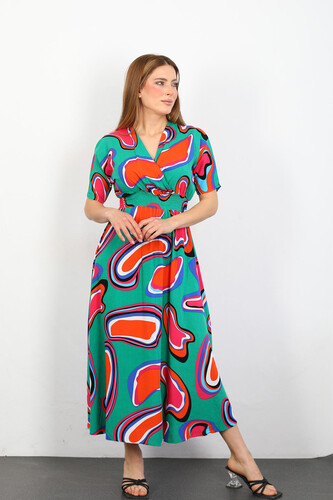 Kruvaze Yaka Beli Gipeli Kadın Yeşil Desenli Viskon Elbise - 4