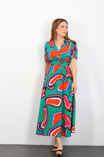 Kruvaze Yaka Beli Gipeli Kadın Yeşil Desenli Viskon Elbise - Berox (1)
