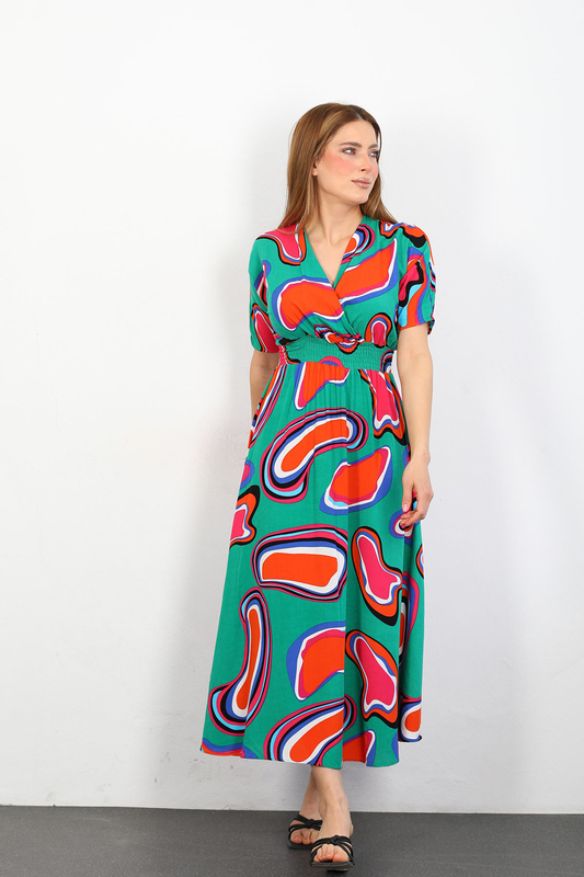 Kruvaze Yaka Beli Gipeli Kadın Yeşil Desenli Viskon Elbise - 2