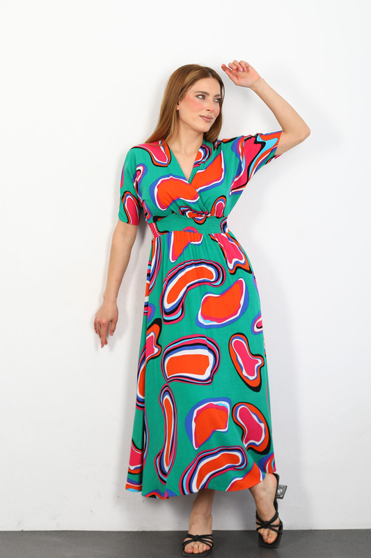 Kruvaze Yaka Beli Gipeli Kadın Yeşil Desenli Viskon Elbise - 1