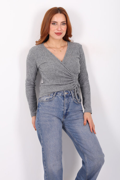 Kruvaze Yaka Büzgü Detaylı Yumoş Triko Antrasit Kadın Bluz - 6