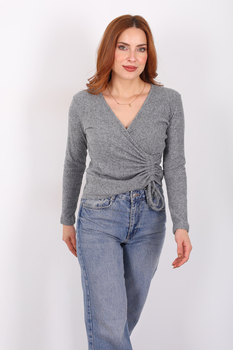 Kruvaze Yaka Büzgü Detaylı Yumoş Triko Antrasit Kadın Bluz - 3