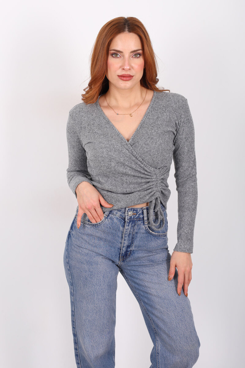 Kruvaze Yaka Büzgü Detaylı Yumoş Triko Antrasit Kadın Bluz - 1