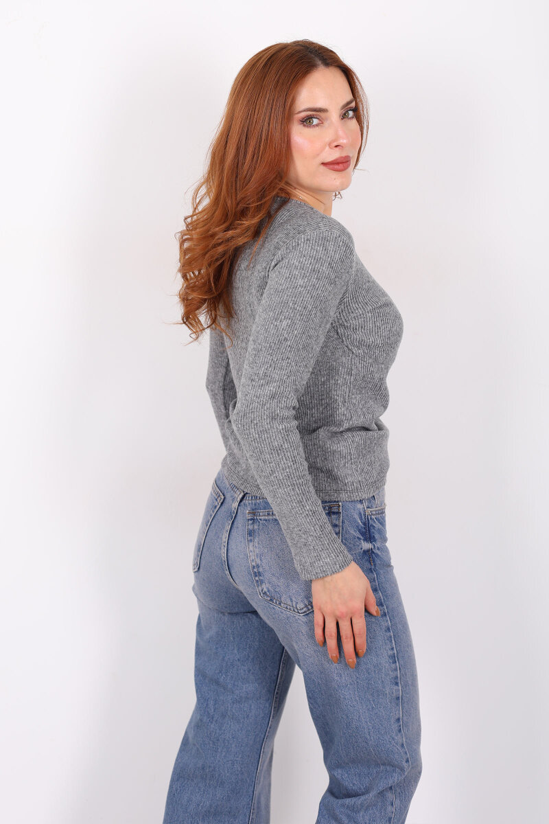 Kruvaze Yaka Büzgü Detaylı Yumoş Triko Antrasit Kadın Bluz - 5