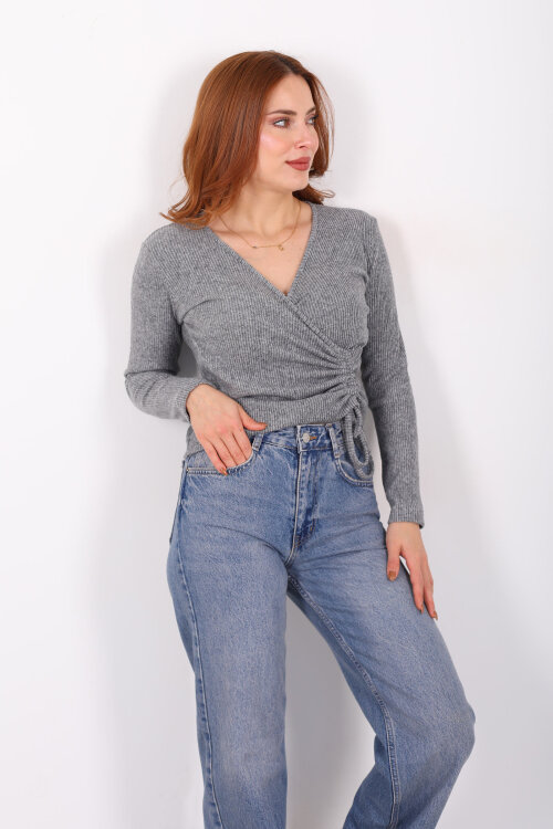 Kruvaze Yaka Büzgü Detaylı Yumoş Triko Antrasit Kadın Bluz - 4