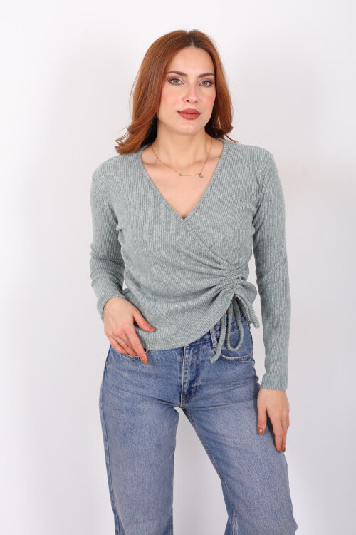 Kruvaze Yaka Büzgü Detaylı Yumoş Triko Haki Kadın Bluz - 5