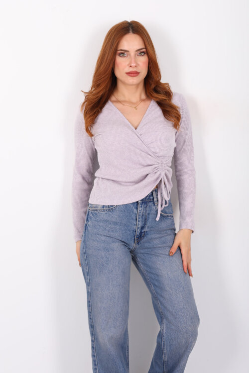 Kruvaze Yaka Büzgü Detaylı Yumoş Triko Lila Kadın Bluz - 6