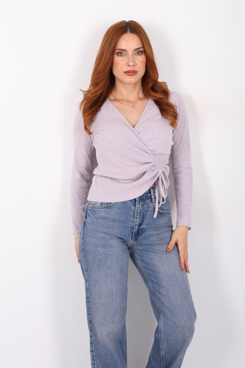 Kruvaze Yaka Büzgü Detaylı Yumoş Triko Lila Kadın Bluz - 6