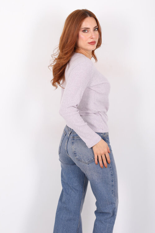 Kruvaze Yaka Büzgü Detaylı Yumoş Triko Lila Kadın Bluz - 5