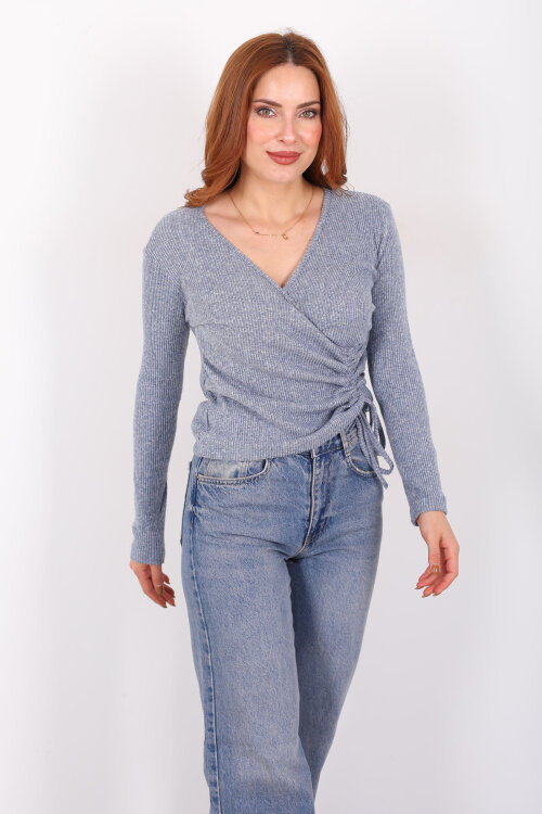 Kruvaze Yaka Büzgü Detaylı Yumoş Triko Mavi Kadın Bluz - 3