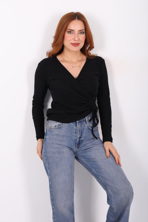 Kruvaze Yaka Büzgü Detaylı Yumoş Triko Siyah Kadın Bluz - 6