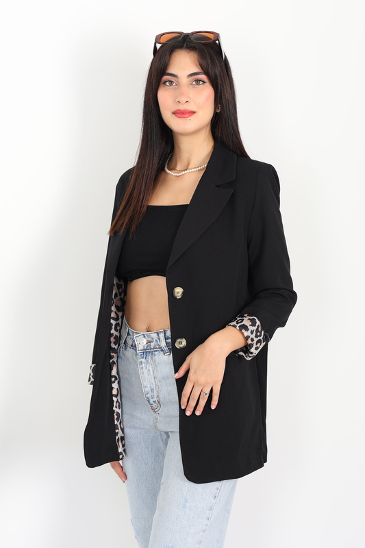 Kruvaze Yaka Cep Kapaklı Siyah Kadın Blazer Ceket - 1