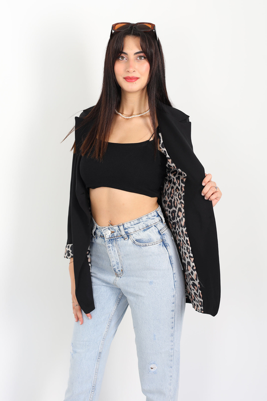 Kruvaze Yaka Cep Kapaklı Siyah Kadın Blazer Ceket - 4