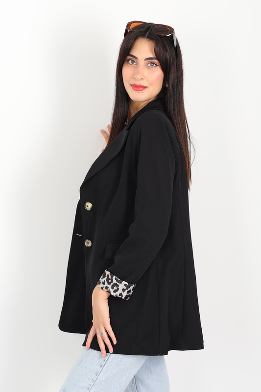 Kruvaze Yaka Cep Kapaklı Siyah Kadın Blazer Ceket - 5