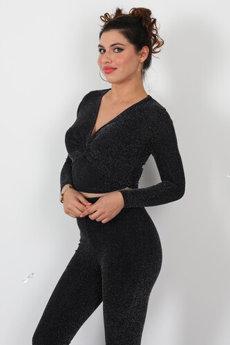 Kruvaze Yaka Düğüm Detaylı Simli Gümüş Kadın Crop Bluz - 3