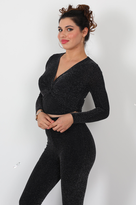 Kruvaze Yaka Düğüm Detaylı Simli Gümüş Kadın Crop Bluz - 3