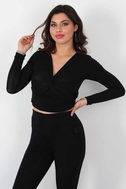 Kruvaze Yaka Düğüm Detaylı Simli Siyah Kadın Crop Bluz - 3