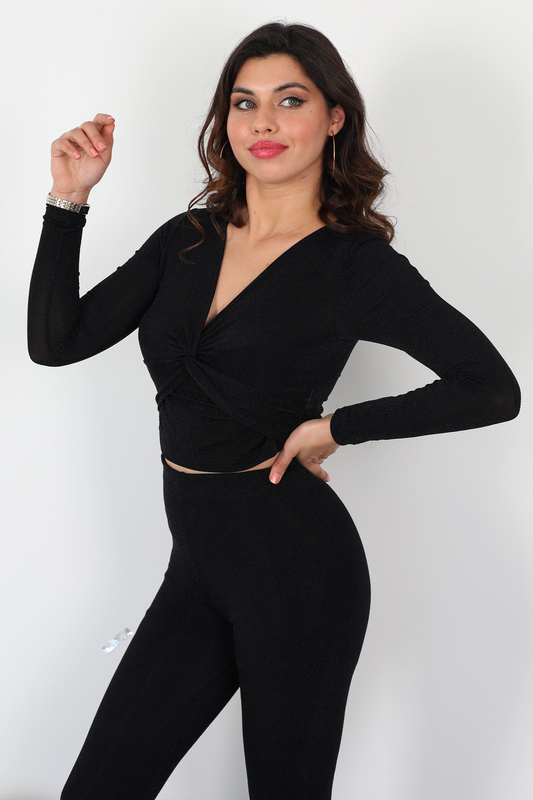 Kruvaze Yaka Düğüm Detaylı Simli Siyah Kadın Crop Bluz - 6