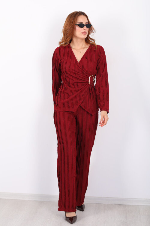 Kruvaze Yaka Fırfırlı Toka Detaylı Bordo Kadın Takım - 3