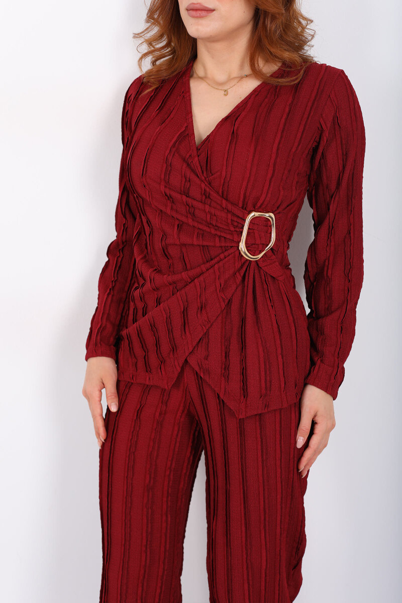 Kruvaze Yaka Fırfırlı Toka Detaylı Bordo Kadın Takım - 2