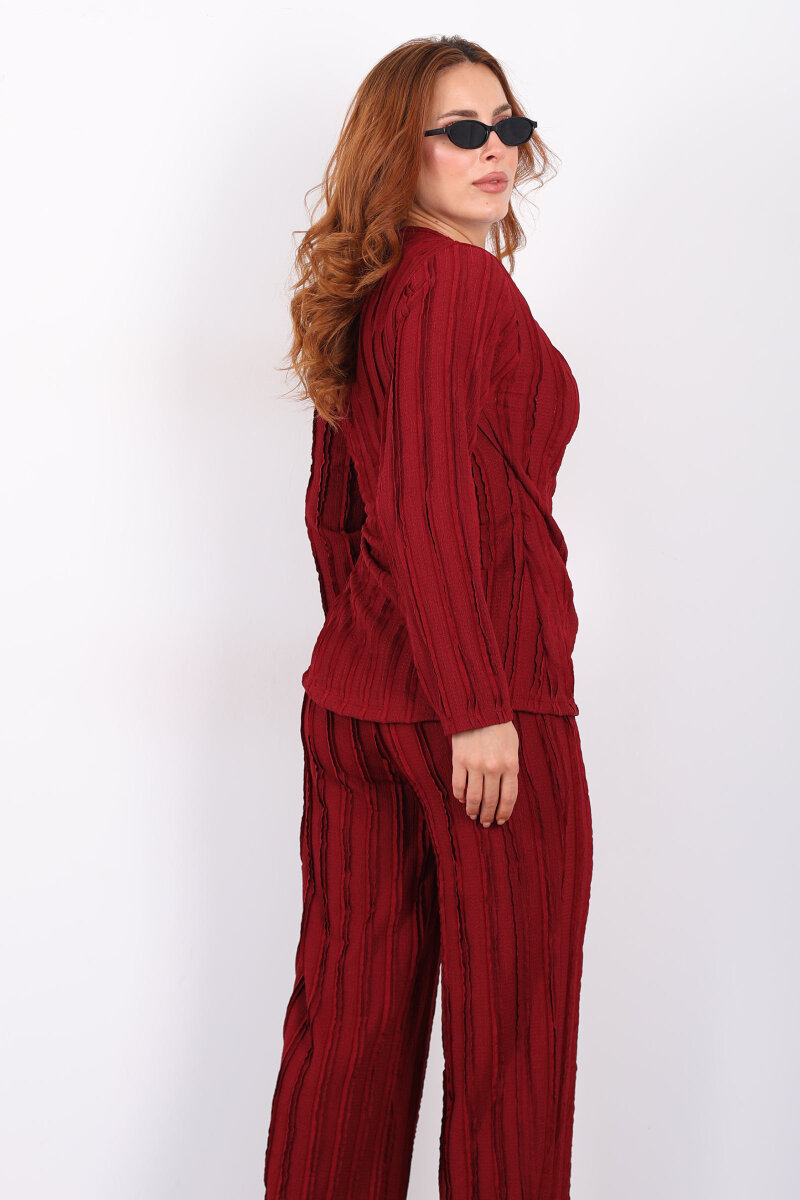Kruvaze Yaka Fırfırlı Toka Detaylı Bordo Kadın Takım - 5