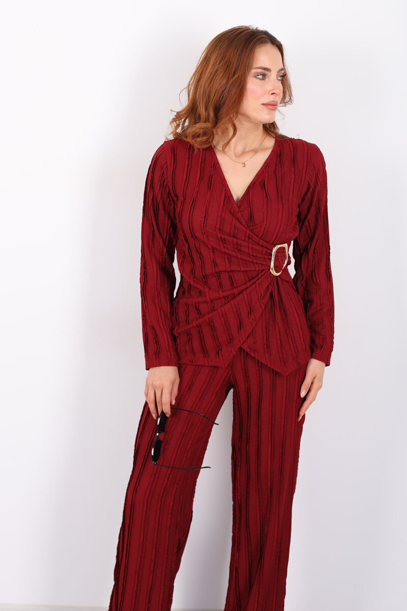 Kruvaze Yaka Fırfırlı Toka Detaylı Bordo Kadın Takım - 1