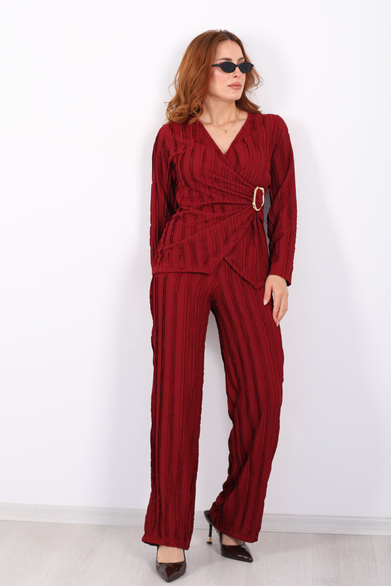 Kruvaze Yaka Fırfırlı Toka Detaylı Bordo Kadın Takım - 6